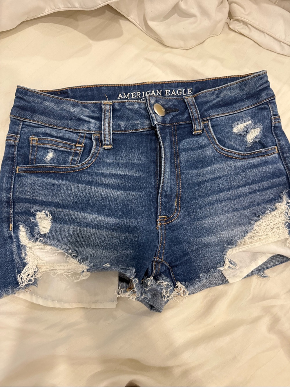 American Eagle Outfitters Blue Distressed High-Rise Jean Shorts